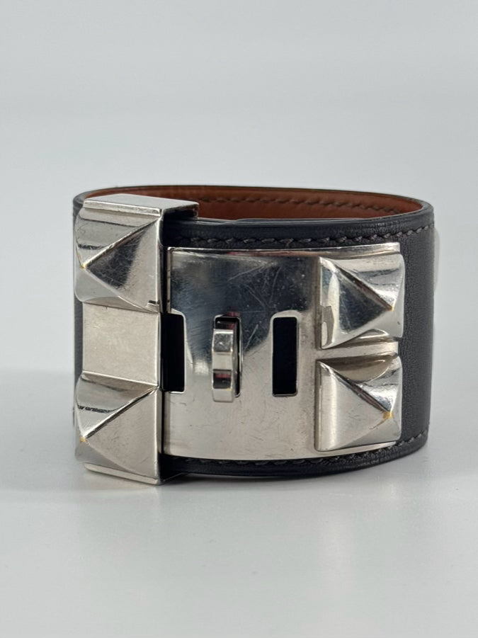 HERMES Gunmetal Leather Collier de Chien Wrap Bracelet