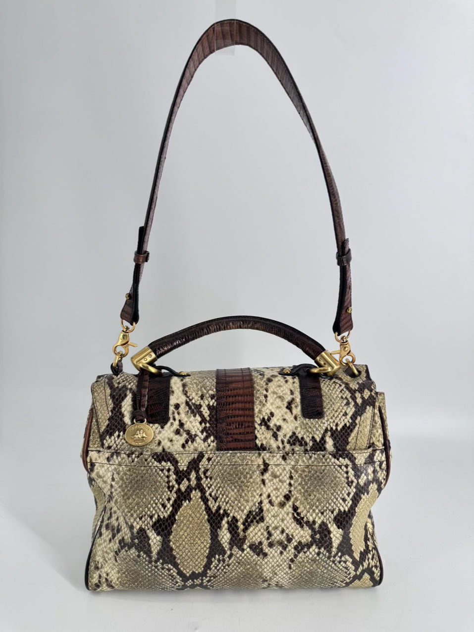 BRAHMIN Cream & Brown Leather Snake Print Purse