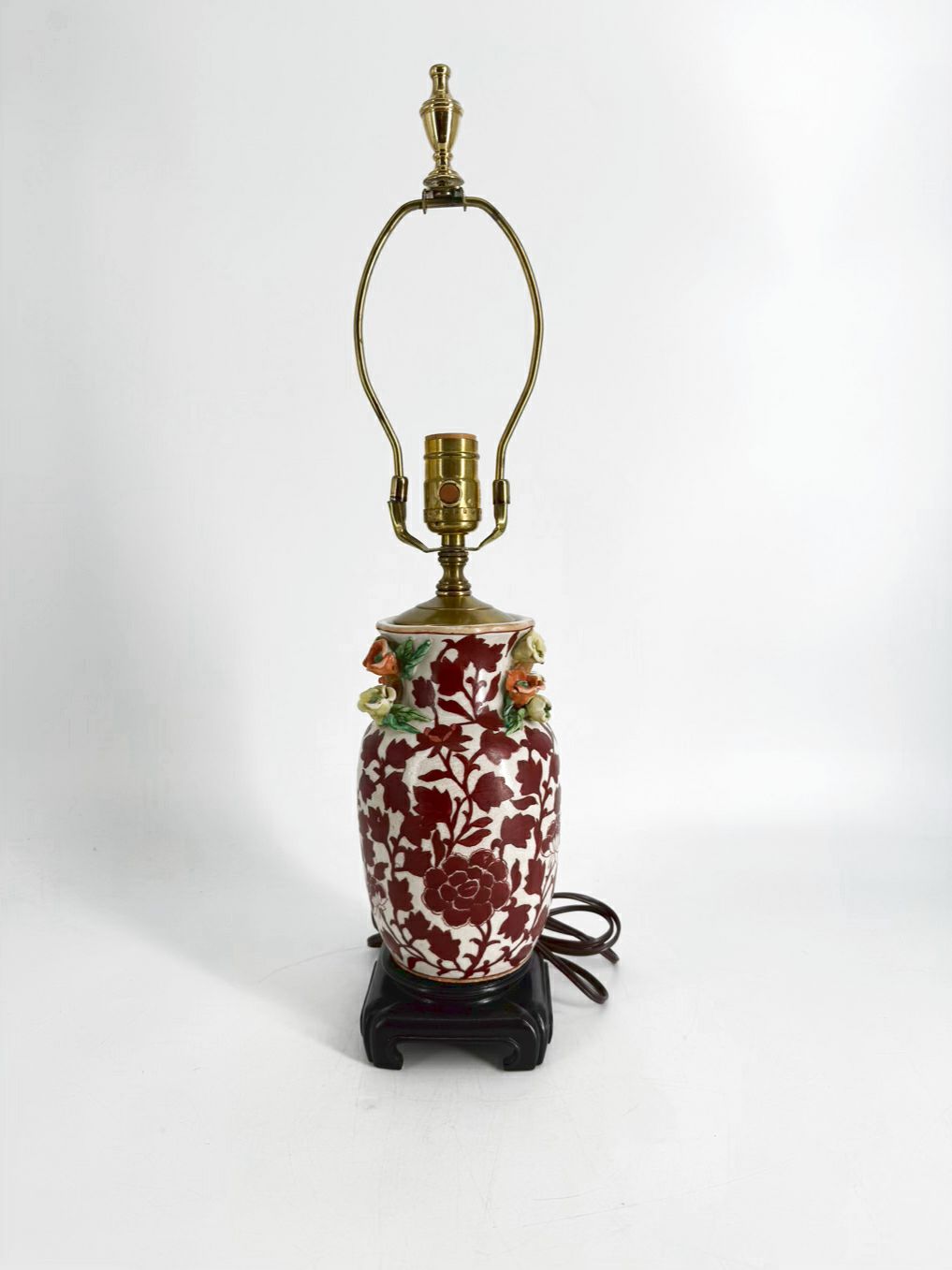VINTAGE  Rust & Cream Ceramic Lamp w/ Flower Detail On Sides No Shade