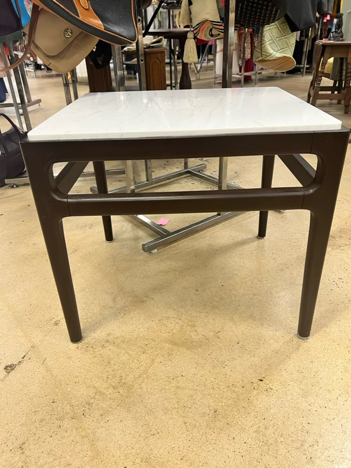 Brown & White Wood & Stone End Table