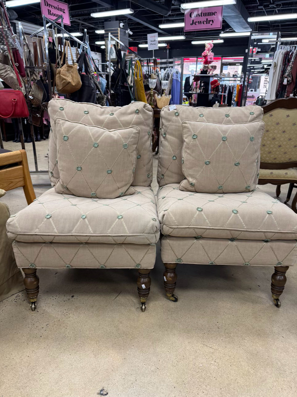 Tan & Green Pair of Armless Accent Chairs