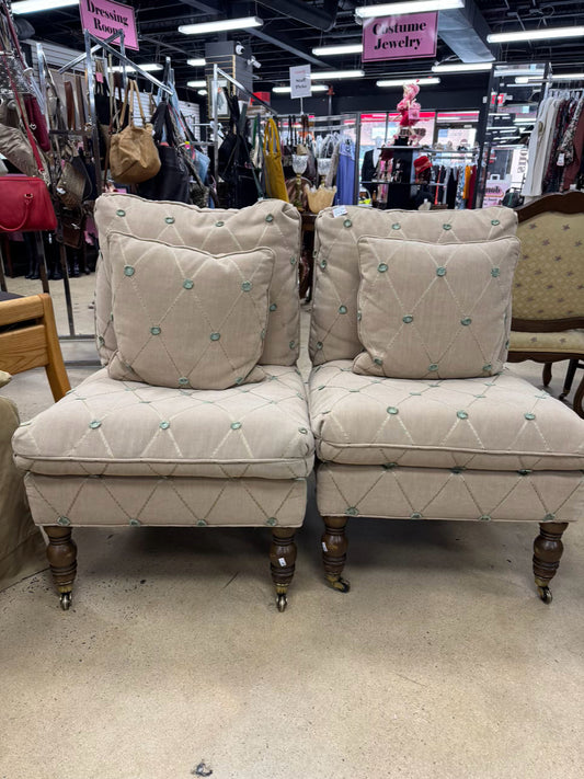 Tan & Green Pair of Armless Accent Chairs