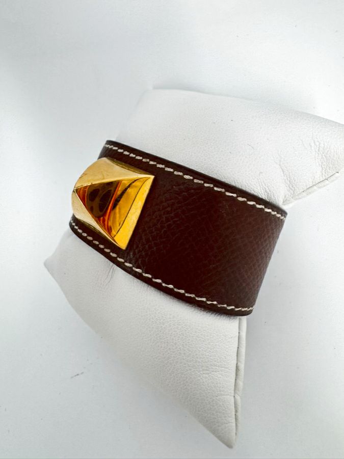 HERMES Brown Leather Gold Tone Stud Cuff Bracelet
