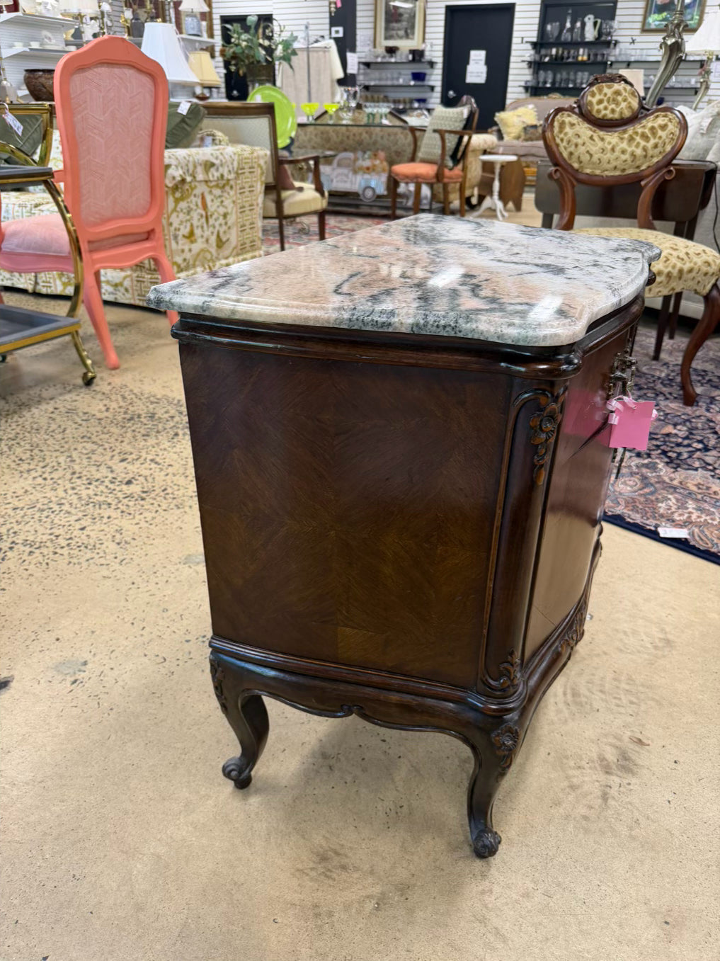 FRENCH White & Brown Commode Marble & Wood Nightstand w/ Drawer