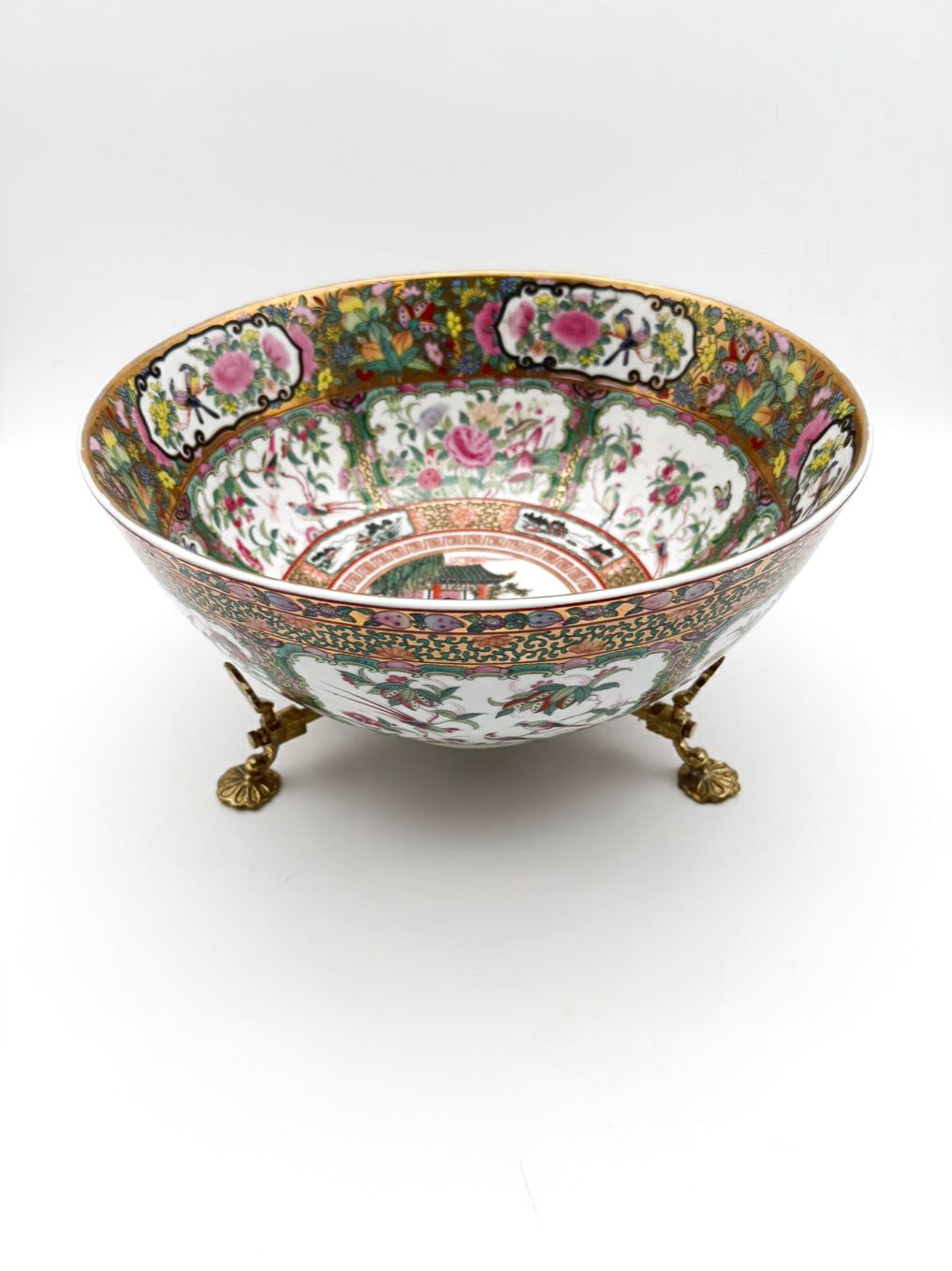 Rose Medallion Porcelain Large Bowl w/ Brass Bowl Holder
