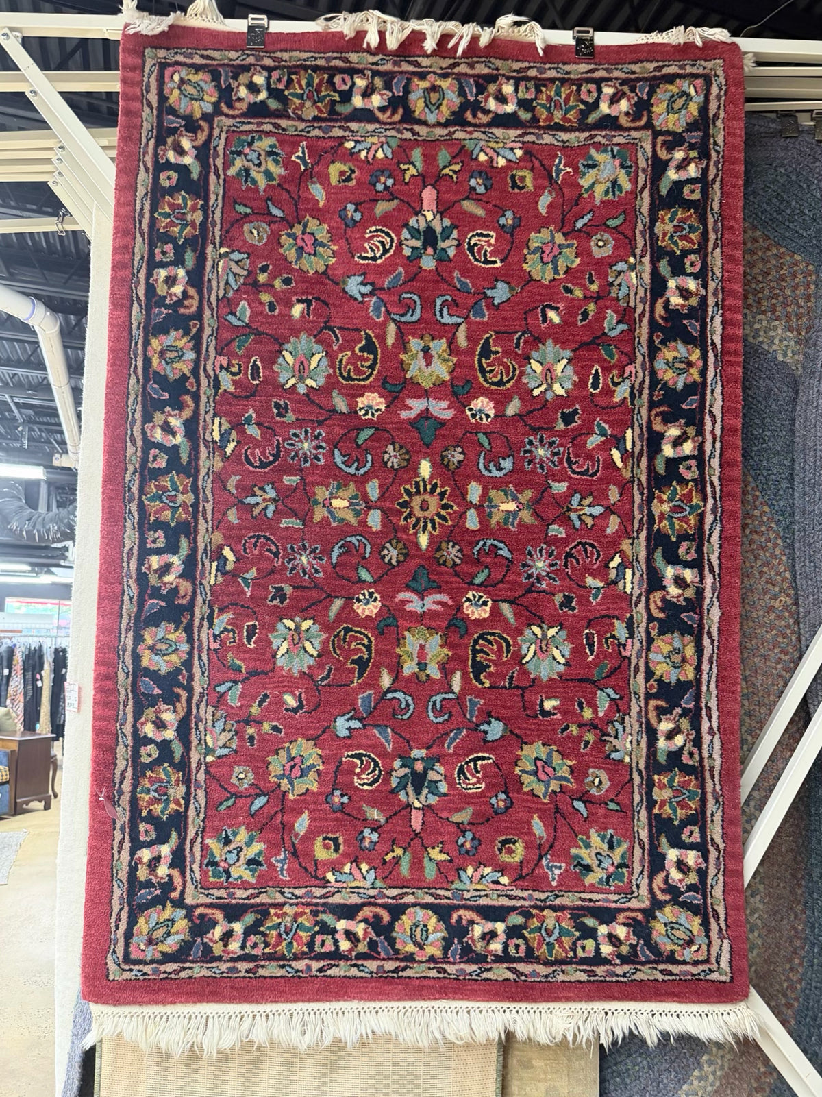 MERIDIAN Oriental Red, Black & Blue Wool Area Rug w/ Fringe