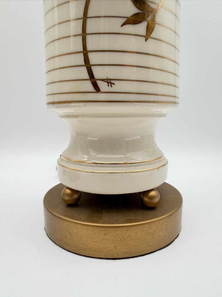 MID CENTURY White & Gold Cylinder Ceramic Pair Of Lamps No Shades