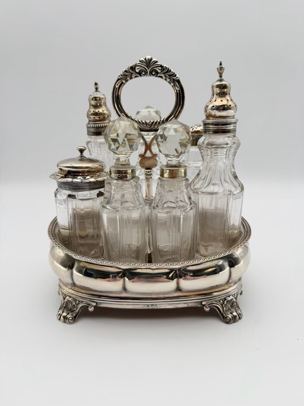 VINTAGE Silver Plate & Glass Cruet & Dispenser 7 Piece Set w/ Holder