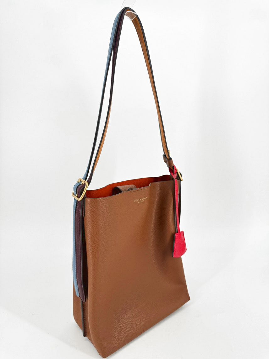 TORY BURCH Camel Leather 2-Strap Perry Bucket Bag