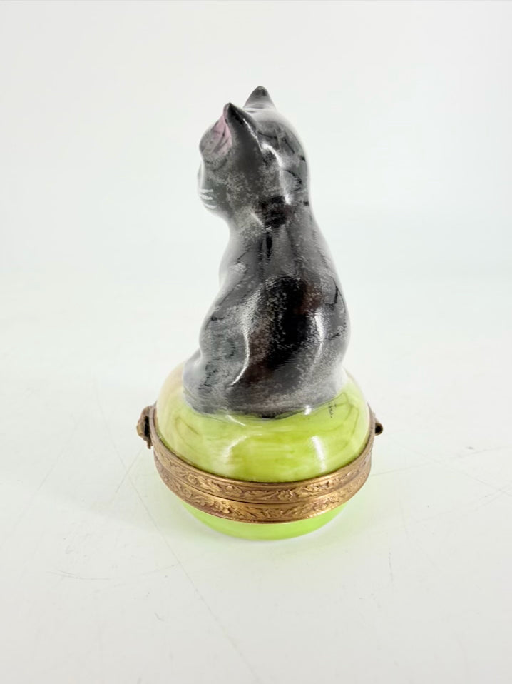 LIMOGES Black, Green & Blue Porcelain Cat Trinket Box