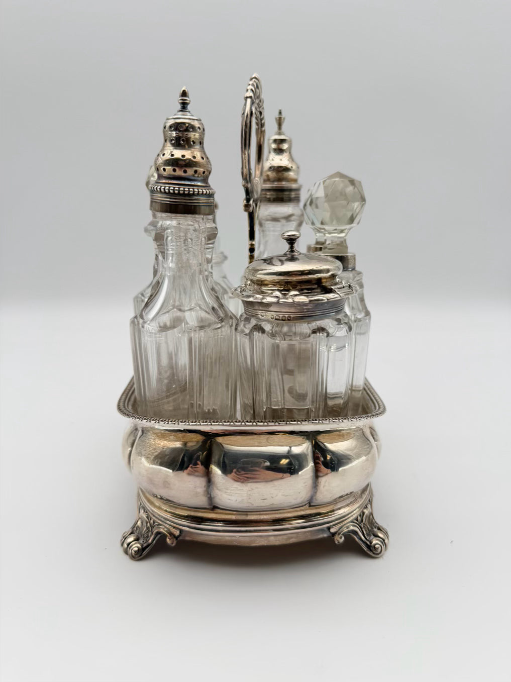 VINTAGE Silver Plate & Glass Cruet & Dispenser 7 Piece Set w/ Holder