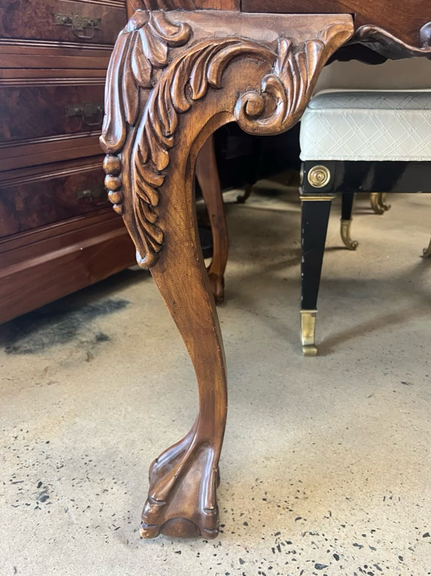 Medium Brown Carved Wood Writing Desk w/ 3 Drawers