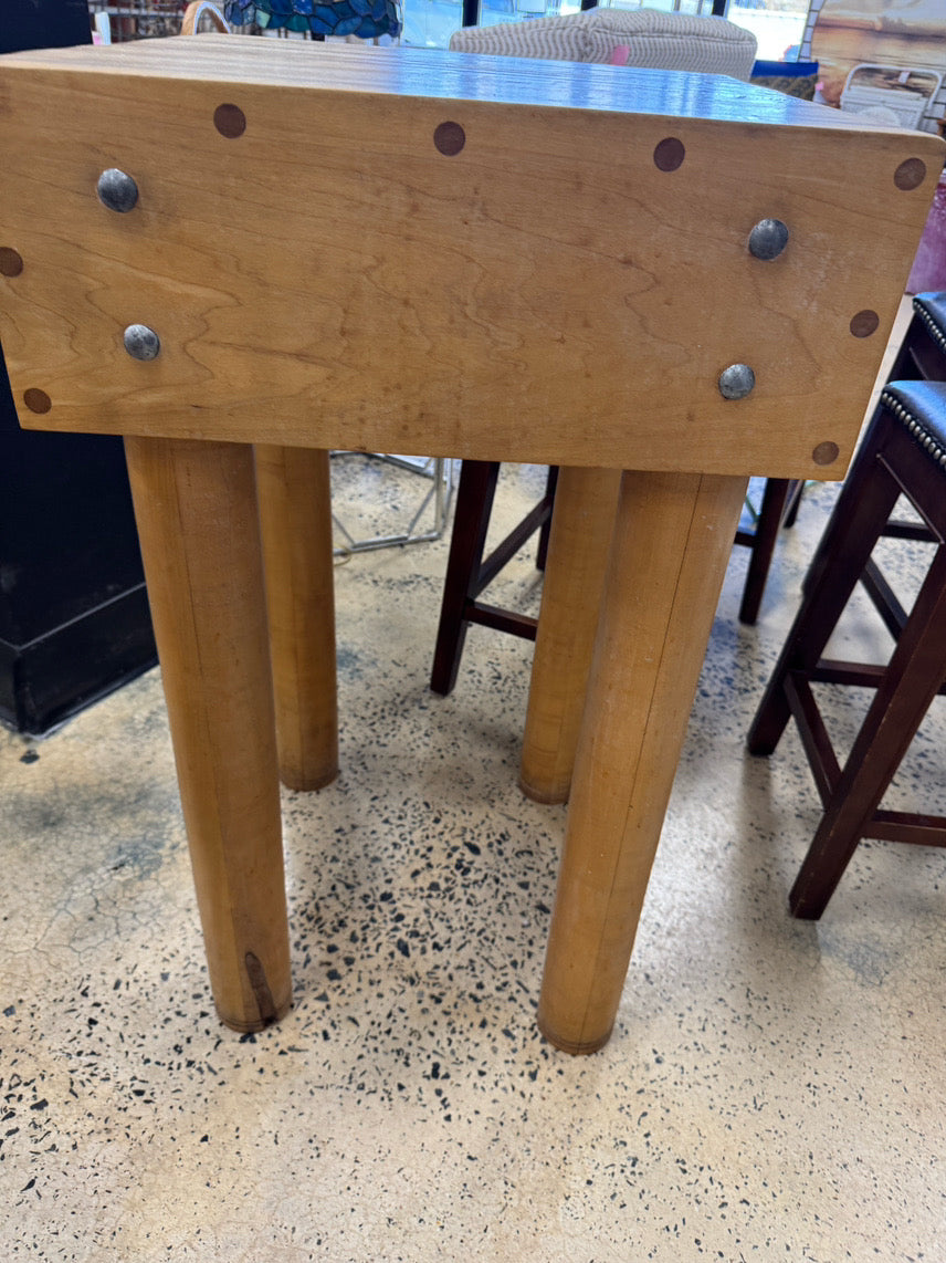 Natural Wood Square Butcher Block w/ Metal Studs on Rounded Legs