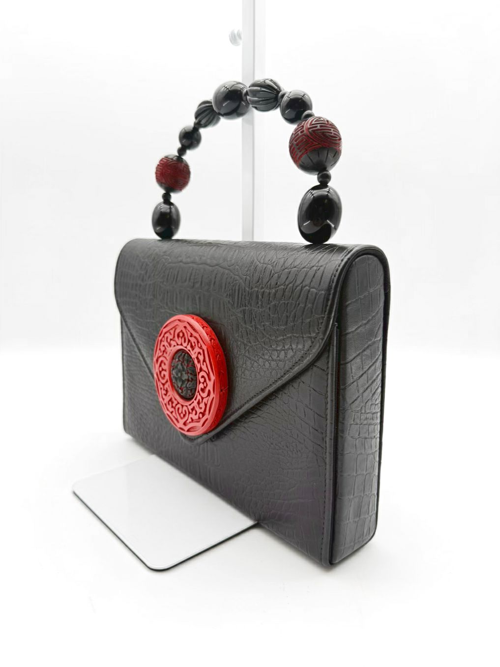 RAFAEL SANCHEZ Red & Black Embossed Evening Bag w/ Cinnabar Detail