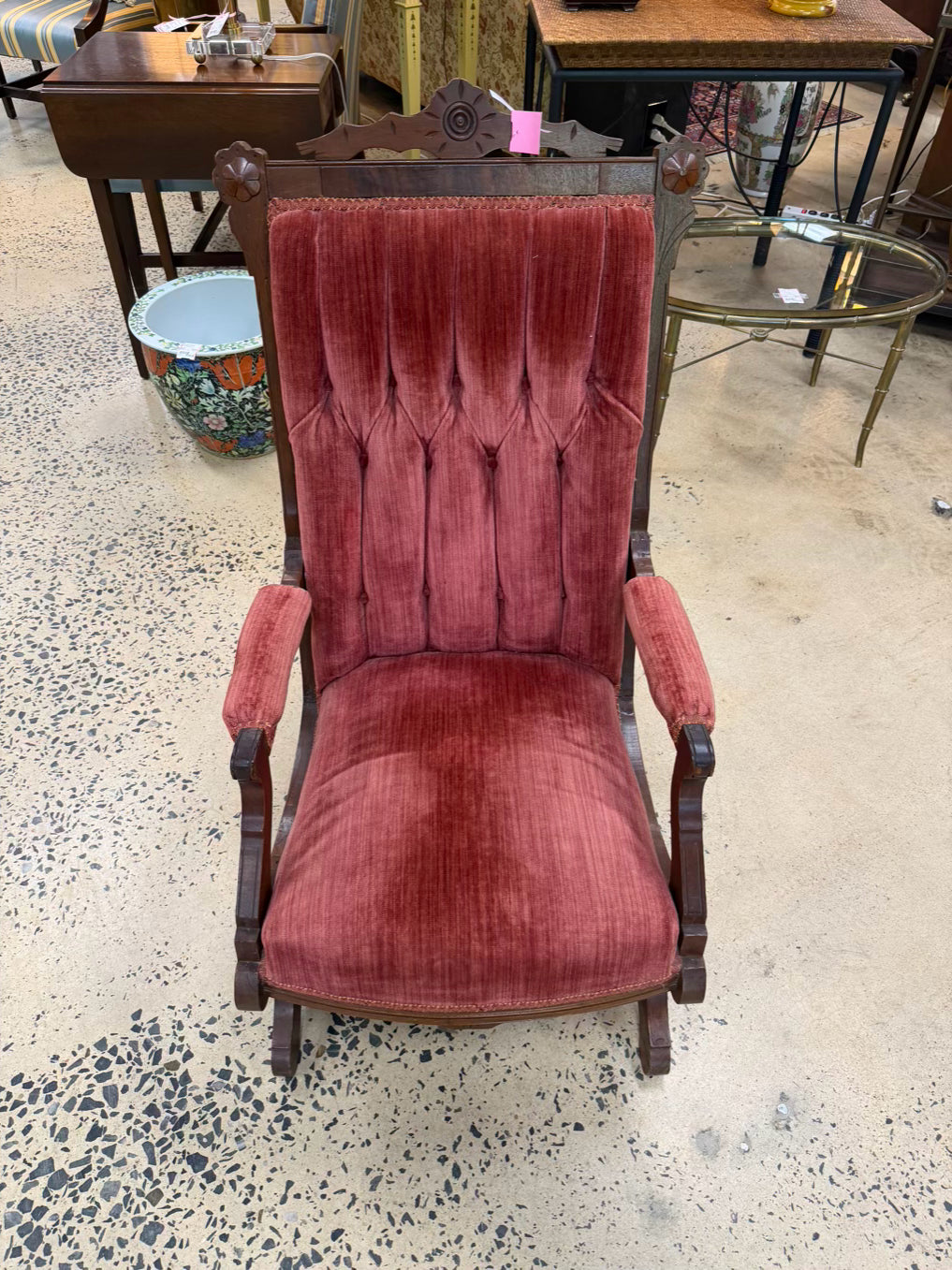 Victorian Wood Rose Velvet Rocking Chair