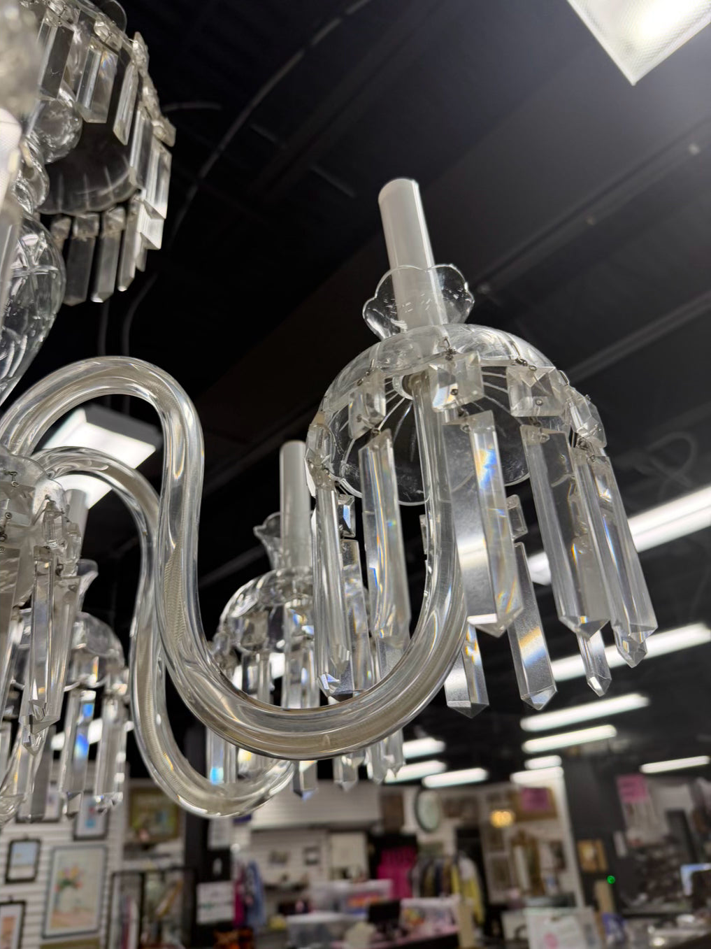 Clear & Silver Crystal & Polished Chrome 6 Arm Chandelier w/ Prisms