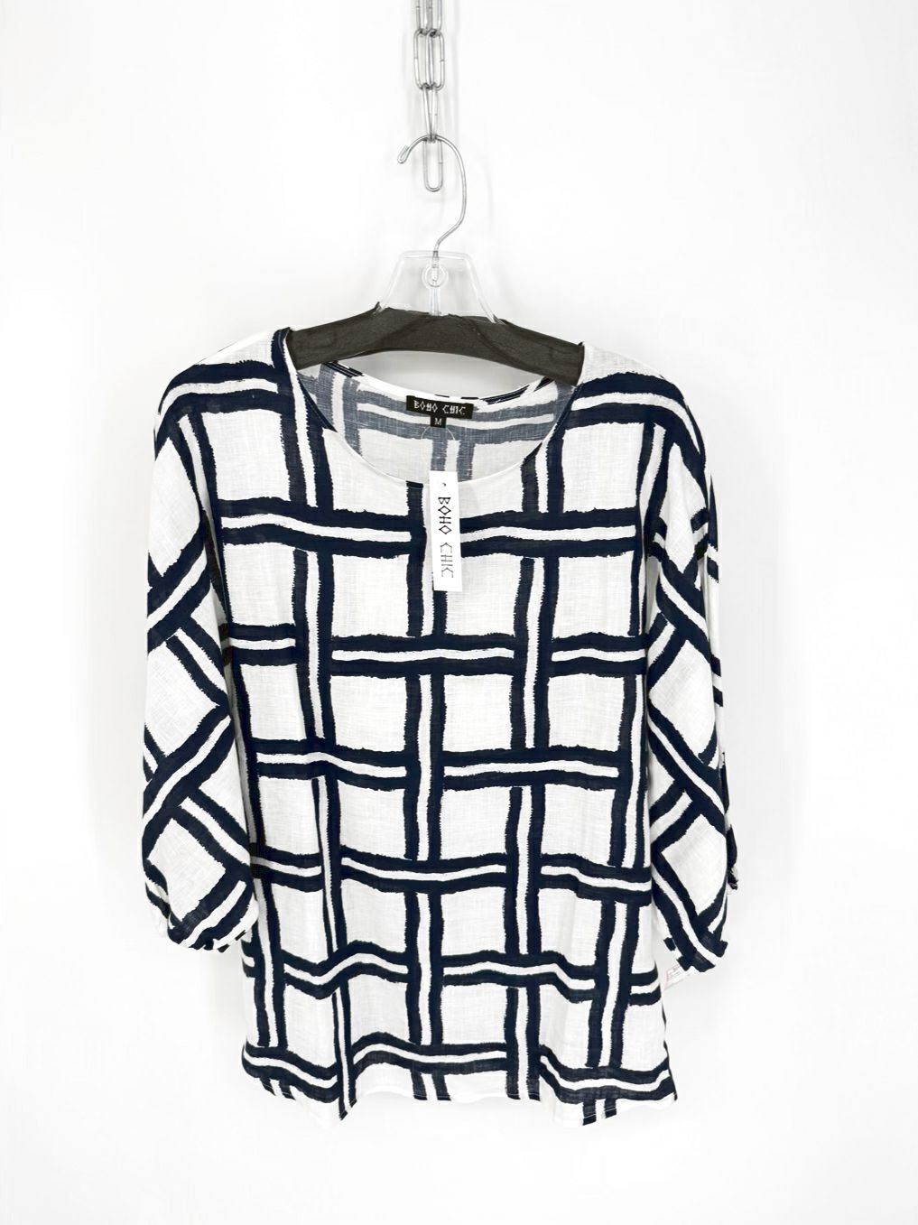BOHO CHIC Size M White & Navy Linen Tunic NWT