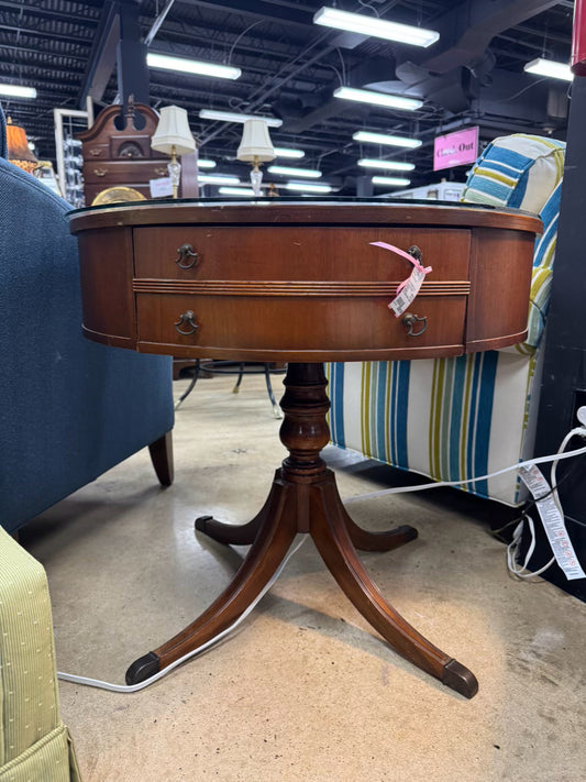VINTAGE Wood & Leather Round Glass-top Occasional Table