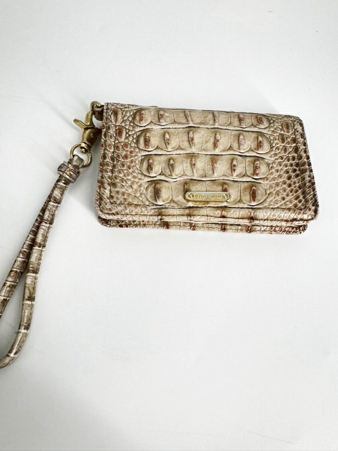 BRAHMIN Cream Embossed Leather Wristlet