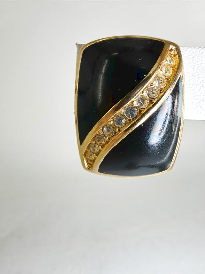 VINTAGE CHRISTIAN DIOR Black Gold Tone Rhinestone Clip On Earrings