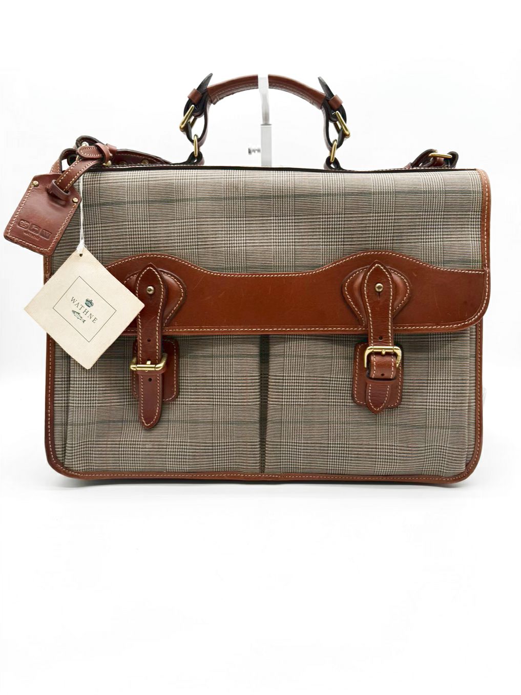 WATHNE Beige Coated Canvas Plaid Briefcase