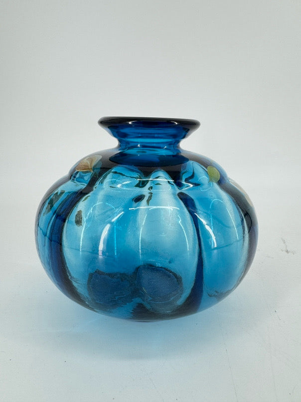 FENTON S. BRYAN Blue Glass Hand Painted Flowers Vase