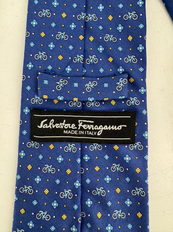 SALVATORE FERRAGAMO Blue Bicycle Silk Tie
