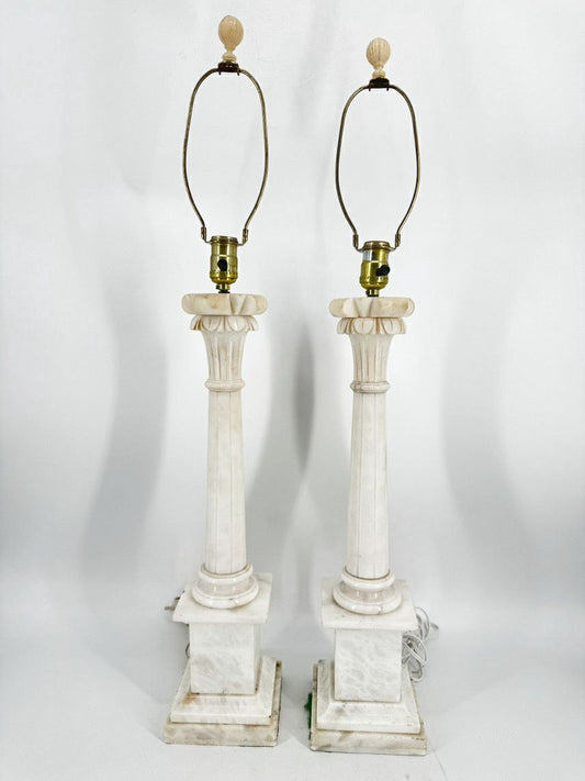 White Alabaster Neoclassical Column Pair of Lamps