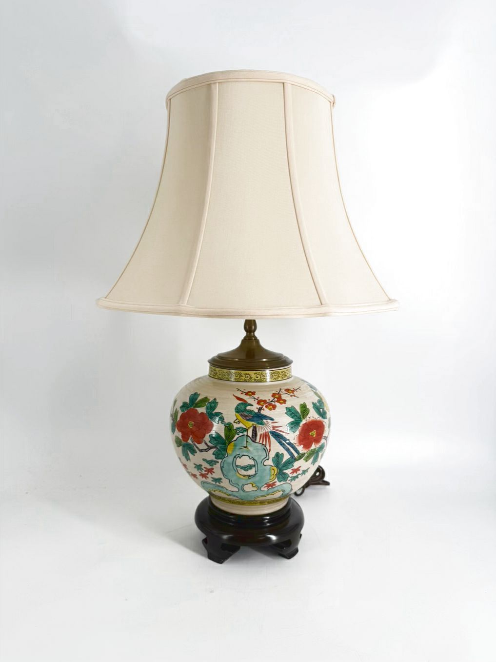 Tan, Rust & Green Porcelain Lamp w/ Shade