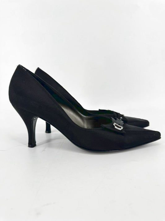 SALVATORE FERRAGAMO Size 8 Black Satin Pumps w/ Pin Detail