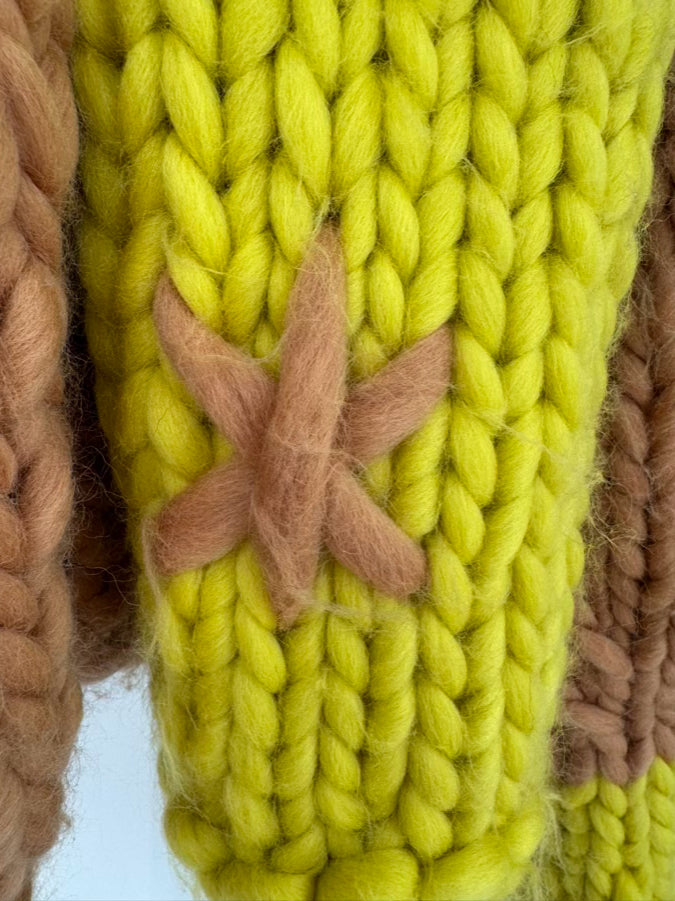 Size S Handmade Chartreuse & Tan Knit Cardigan