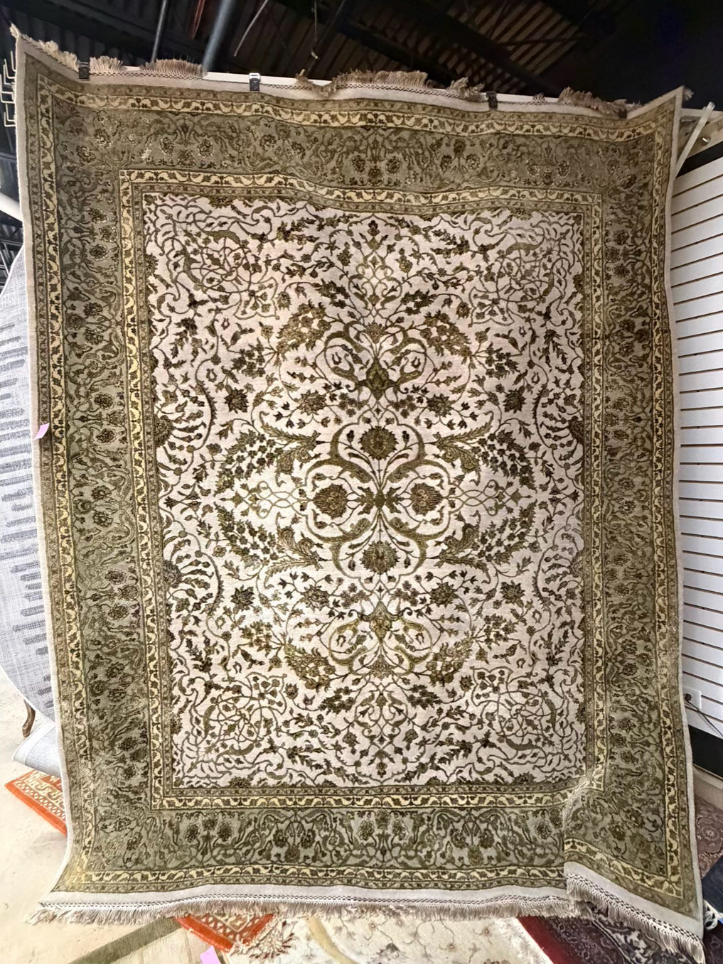 Green & Cream Wool Oriental Area Rug