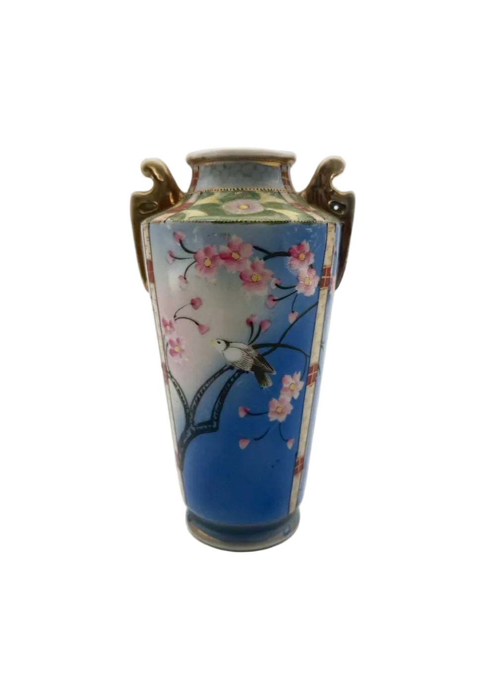 NIPPON Blue, Pink & Green Porcelain Bird Vase w/ Handles