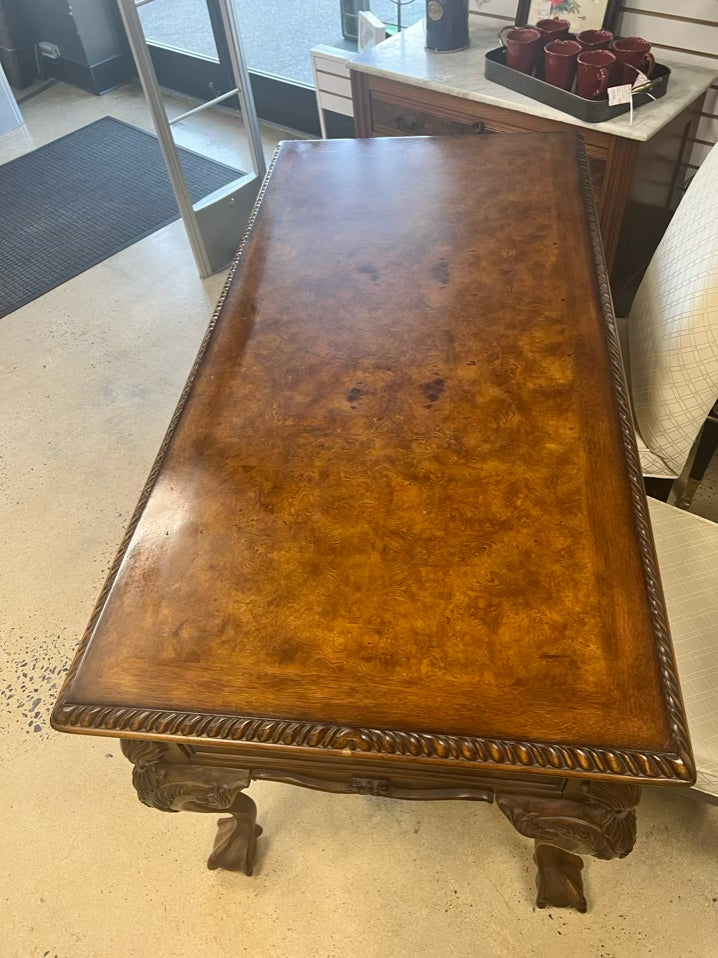 Medium Brown Carved Wood Writing Desk w/ 3 Drawers