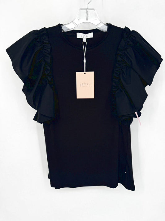 PEARL BY LELA ROSE Size S Black Jersey Poplin Flutter Sleeve Top NWT