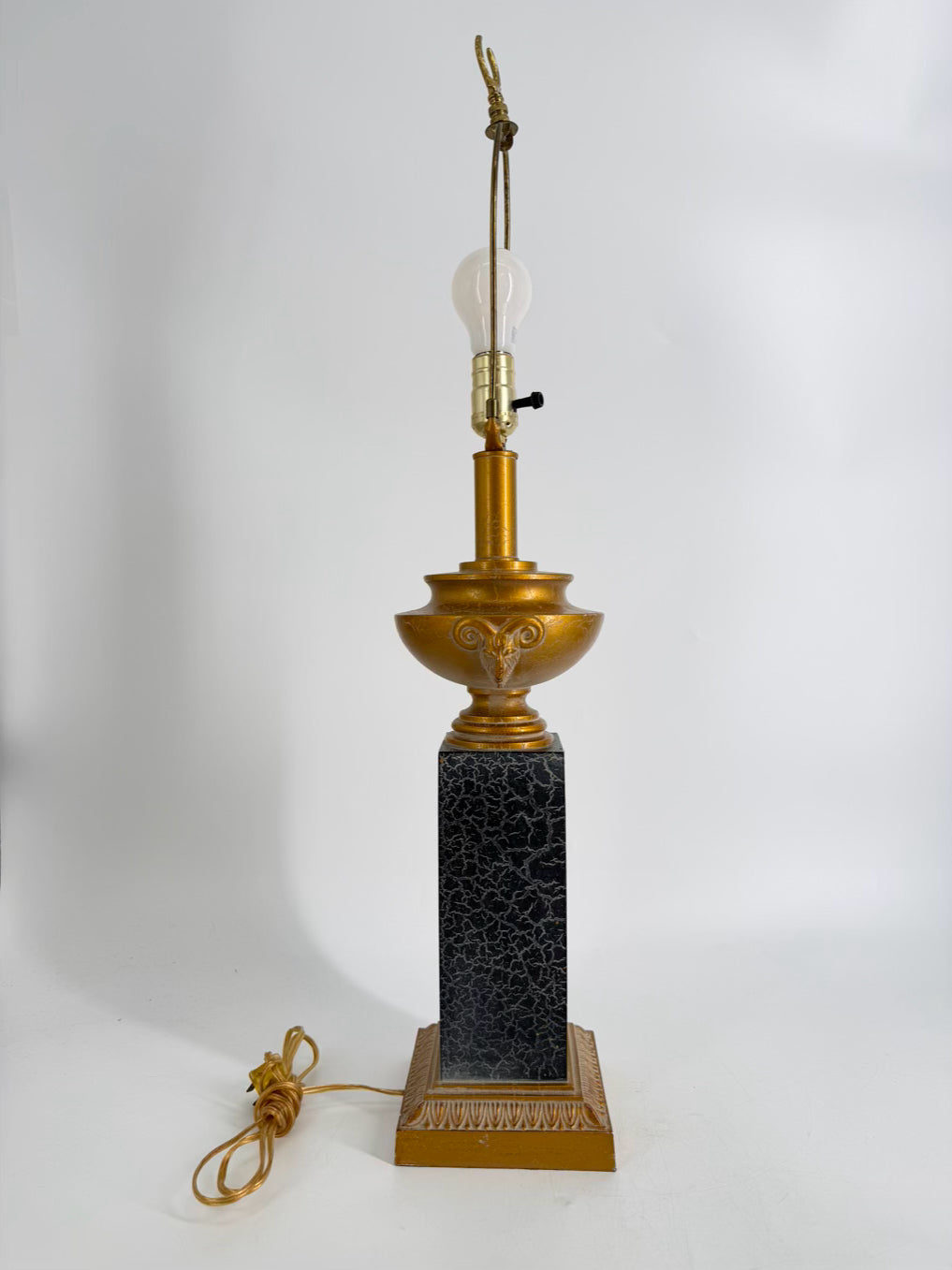Black & Gold Column Pair Of Lamps w/ Rams Head Design No Shades