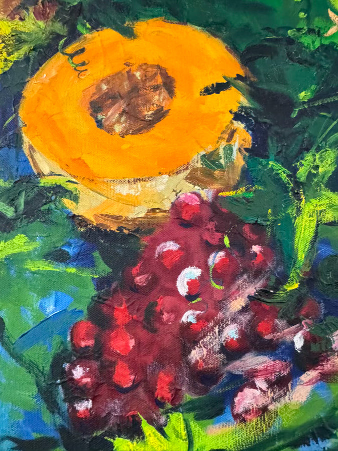 JOHN BLOOMFIELD Pumpkins, Melons, & Grapes Painting in Gold Frame