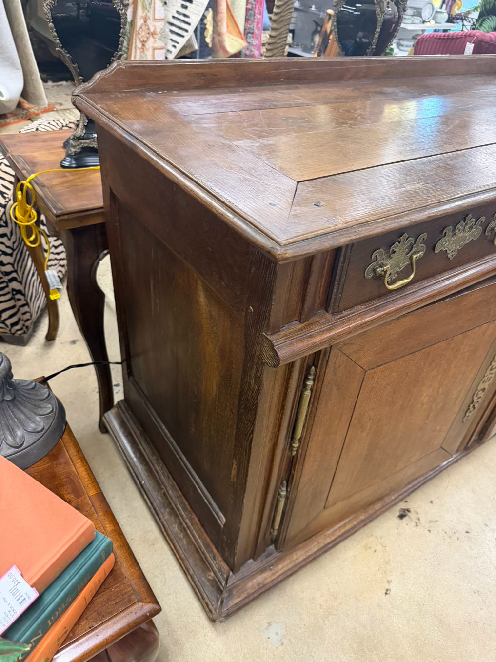 ANTIQUE Medium Dark Oak French Side Board w/ Large Brass Trim