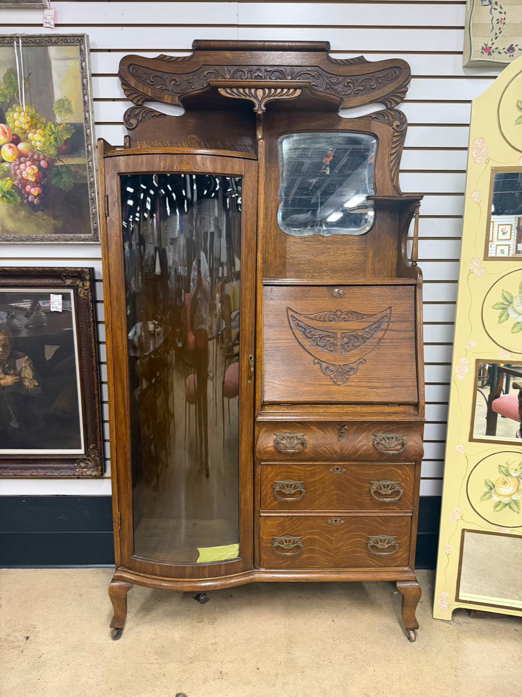 ANTIQUE Medium Oak Rounded Side by Side Secretary No Shelves