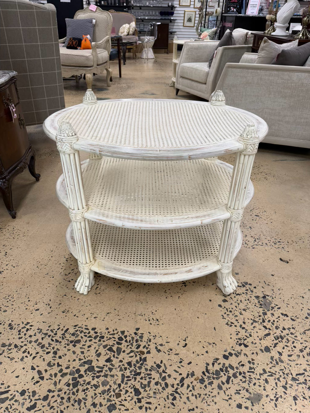 White Wood Occasional 3 Tier Table w/ Cane Shelves