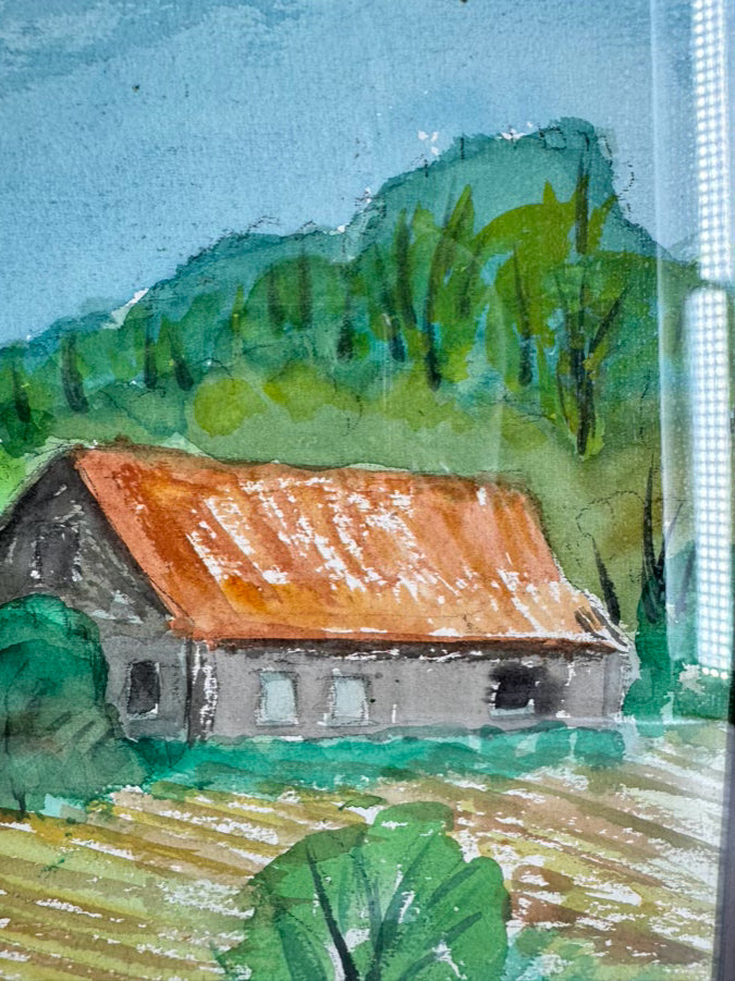 SIGNED Barn w/ Mountain View Watercolor in Burlwood Frame