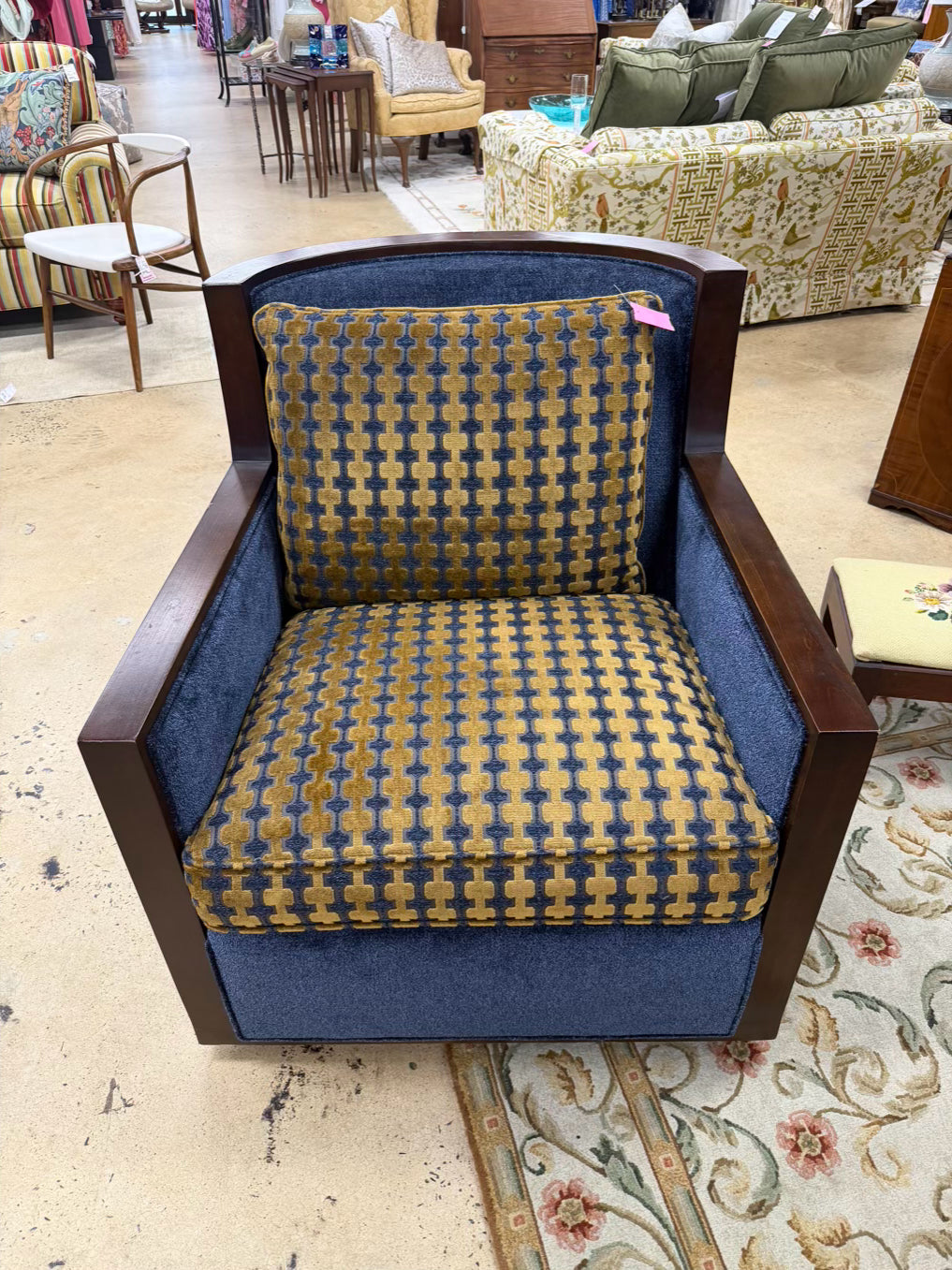 HICKORY WHITE Blue & Gold Leather & Fabric Swivel Chair