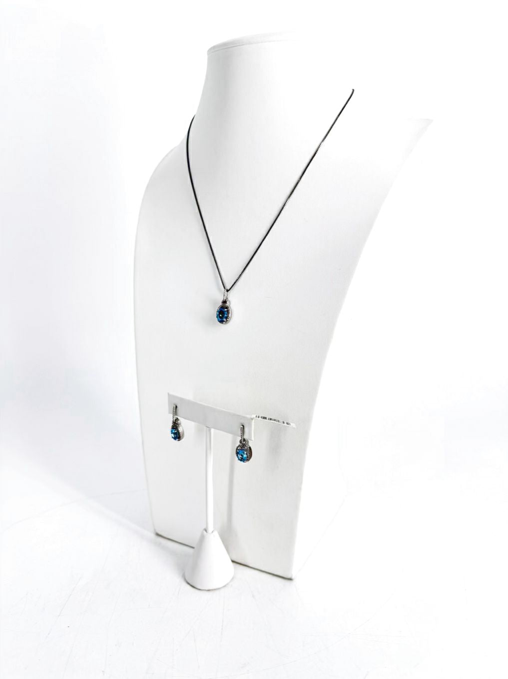 STERLING SILVER Blue Topaz & Diamond Oval Necklace & Earring Set