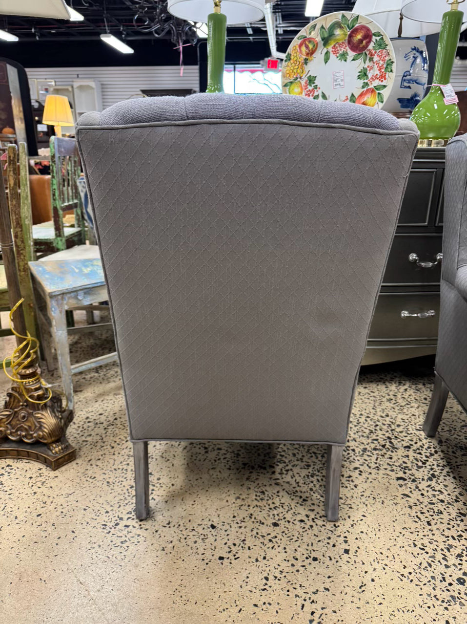 Gray Tufted Wingback Pair of Chairs