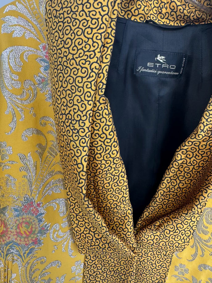 ETRO Size 44 Yellow Print Metallic Jacket w/ Belt