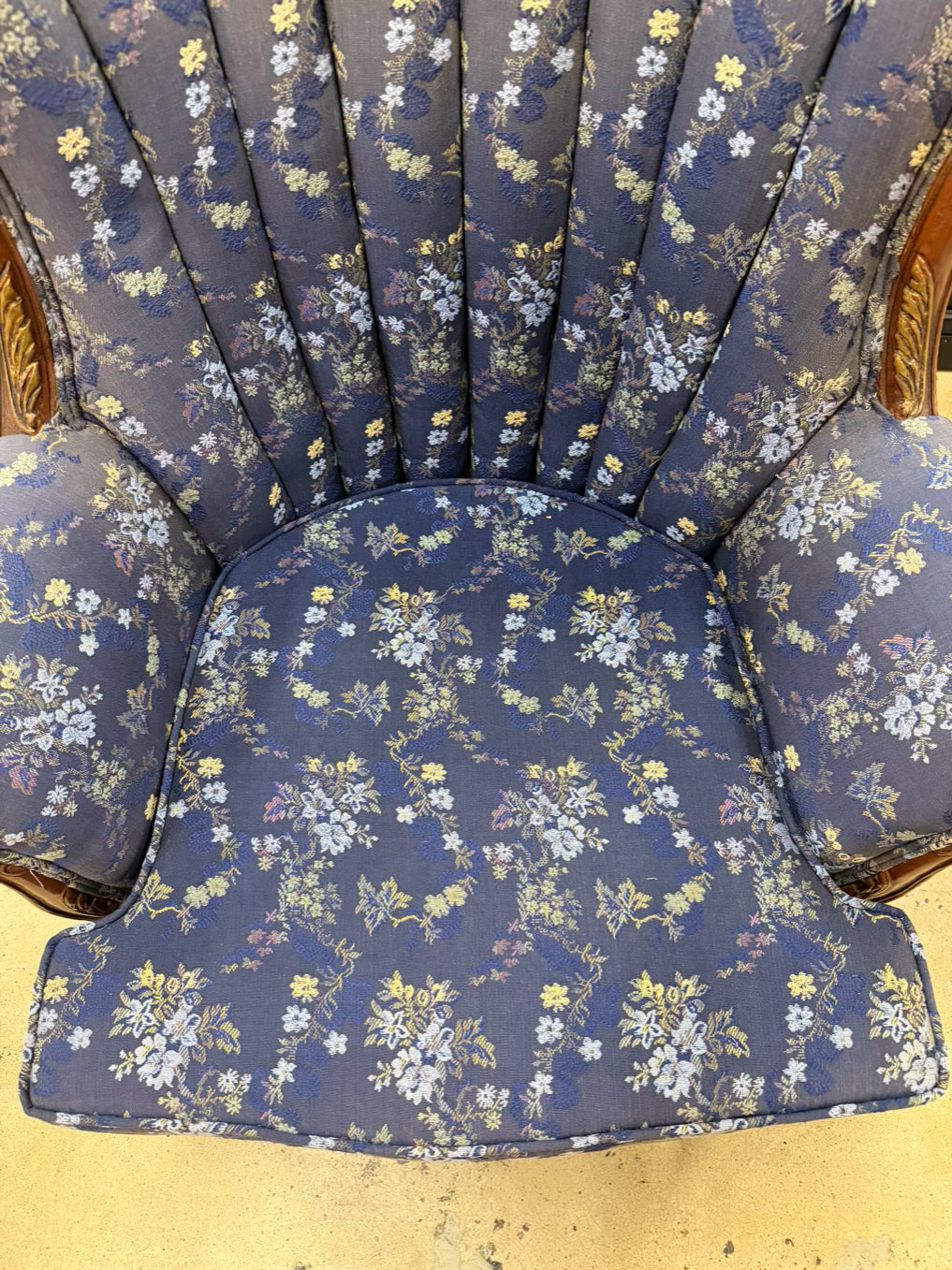 HOLLYWOOD REGENCY Blue, Yellow & Pink Carved Barrel Back Chair
