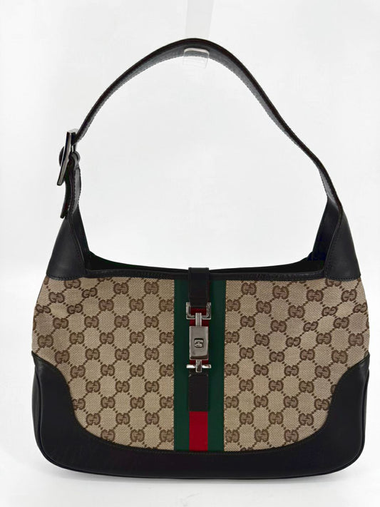 GUCCI Tan Canvas Monogram Jackie Purse