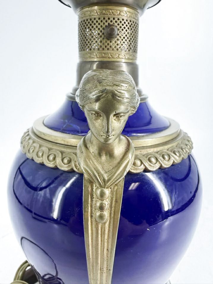 Neo Classical Cobalt Porcelain & Brass Pair Of Lamps