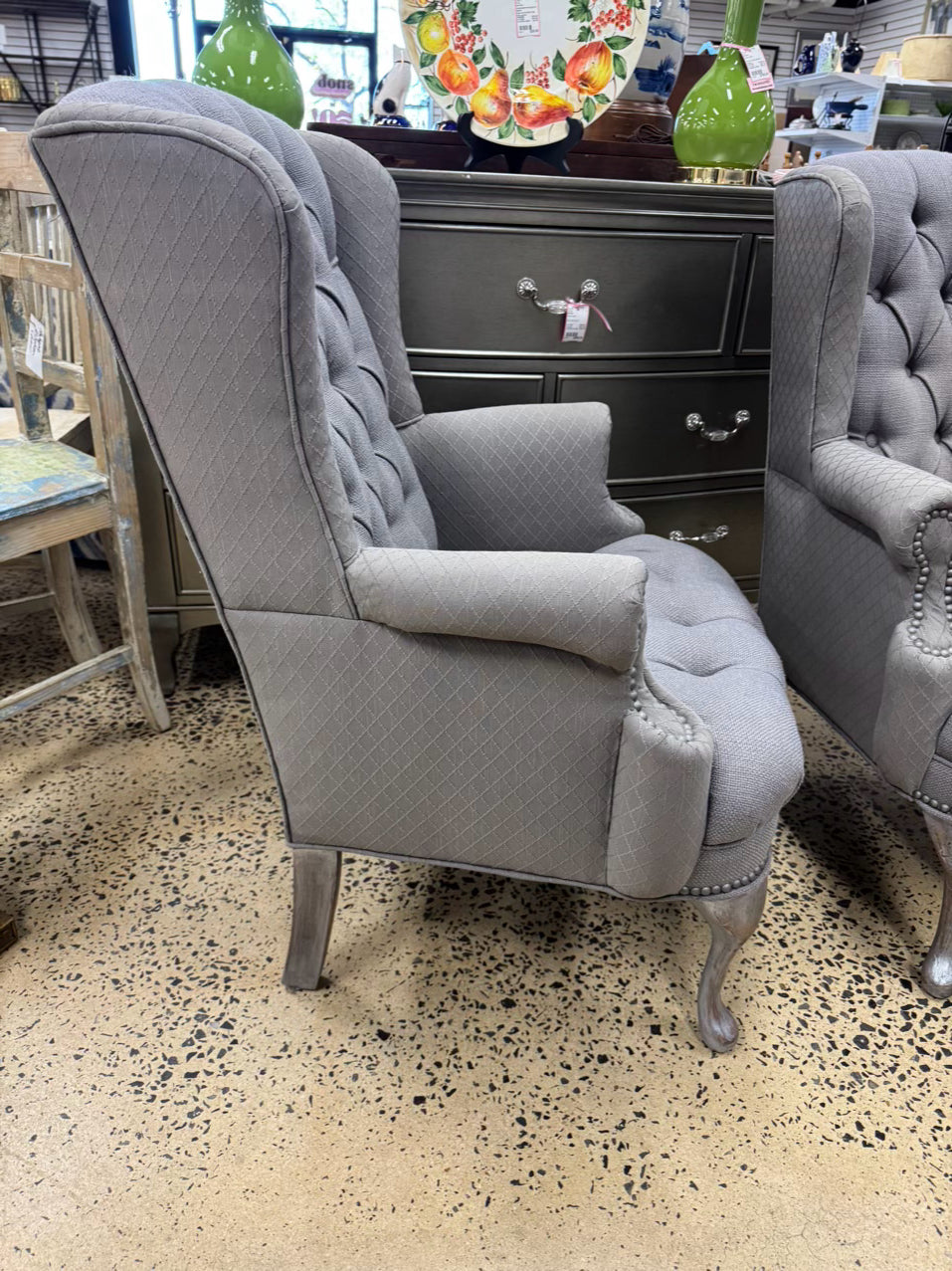 Gray Tufted Wingback Pair of Chairs