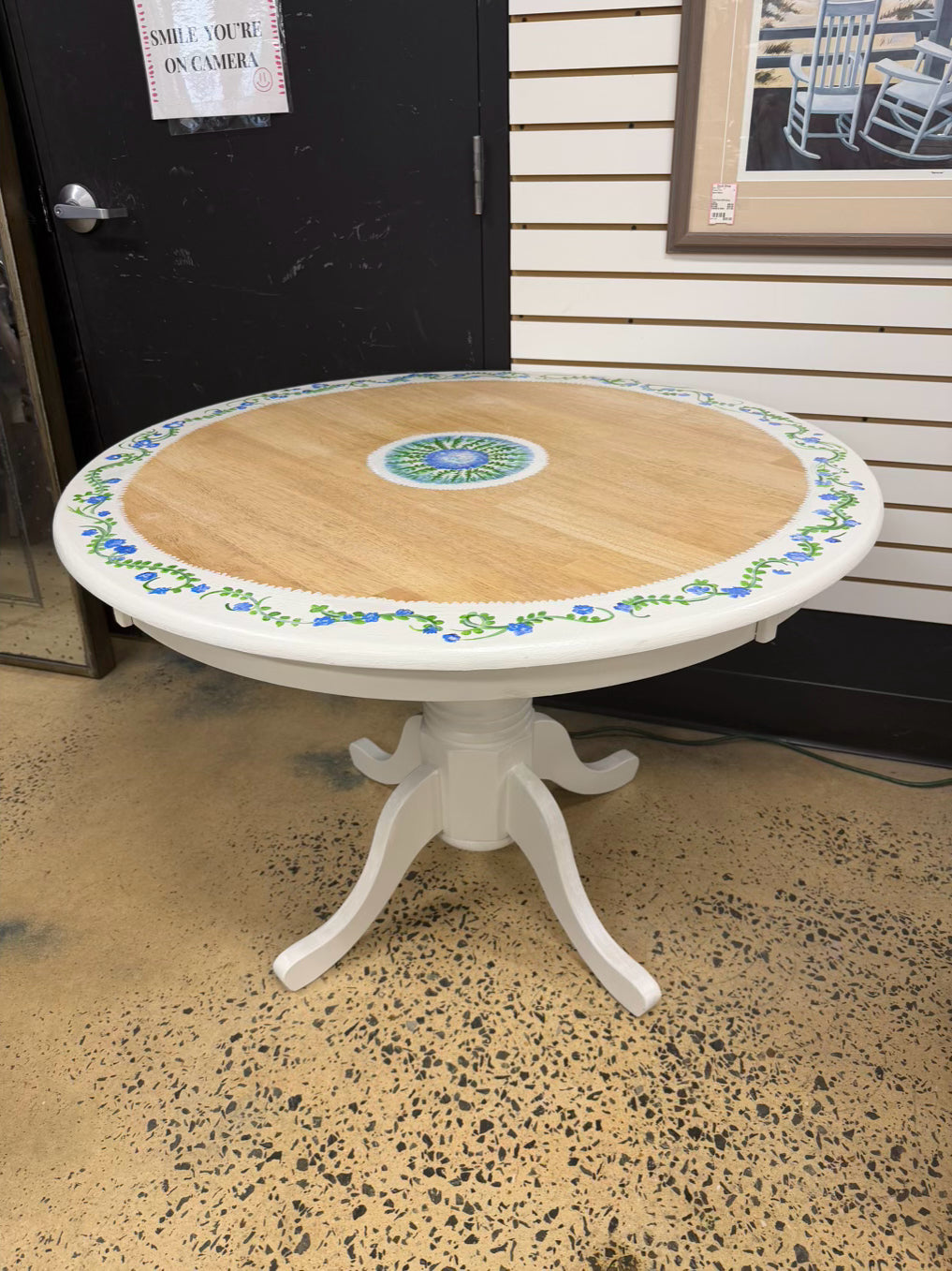 Blue, White & Green Natural Wood Hand Painted Boarder Round Table
